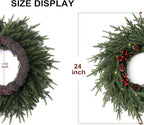 24" Artificial Christmas Wreath -Real Touch Norfolk Pine Wreath for Door,Wall,Windows,Indoor Outdoor -Christmas Wreaths for Front Door-Christmas Decorations-Holiday Decor-Free Battery LED Lights
