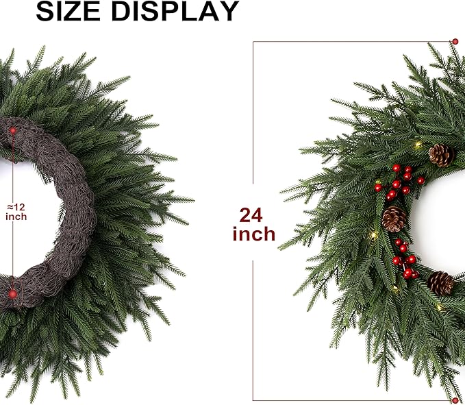 24" Artificial Christmas Wreath -Real Touch Norfolk Pine Wreath for Door,Wall,Windows,Indoor Outdoor -Christmas Wreaths for Front Door-Christmas Decorations-Holiday Decor-Free Battery LED Lights