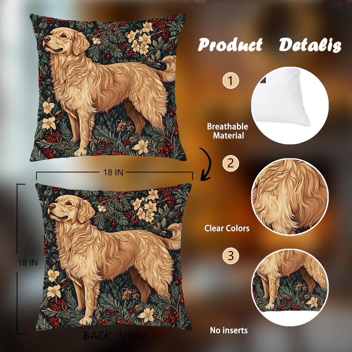 BUJSP Vintage Golden Retriever Christmas Decor Pillow Cover 18x18,Rustic Christmas William Morris Inspired Dog Floral Animal Print Botanical Decorative Throw Pillow Covers for Home Bedroom Living Room