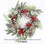 Christmas Wreath for Front Door, 24 inch Winter Wreaths with Natural Pine Cones, Red Berries,Spruce Branches,Xmas Indoor Outdoor Holiday Party Thanksgiving Decorations