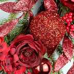 YULETIME 24" Christmas Wreath, Artificial Holiday Wreath with Baubles, Berries, Leaves, Spruce Branches, Snowy Pine Needles (Red Hydrangea)