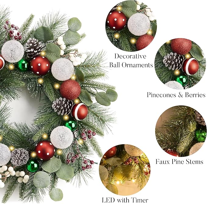 Valery Madelyn 20'' Pre-Lit Christmas Wreath for Front Door with Light, Lighted Christmas Door Wreath with Red Green White Xmas Ball Norfolk Pine Branch for Home Porch Fireplace Window Holiday Decor