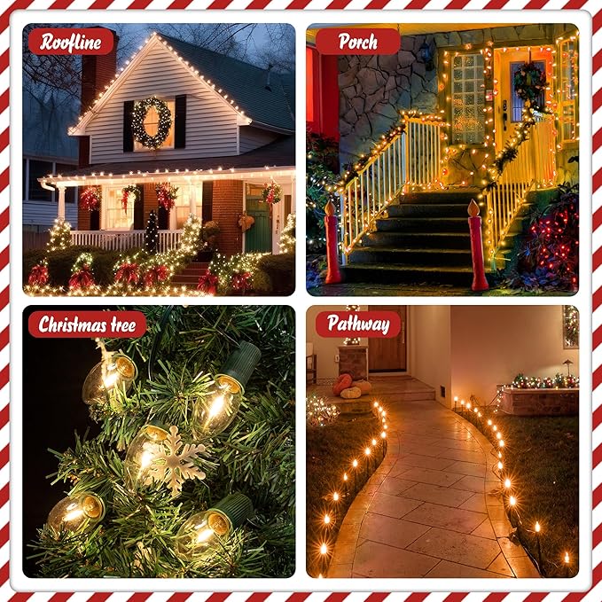 25 FT C9 LED Christmas Lights Outdoor with Clips, Large Bulb Christmas String Lights with Christmas Light Clips, Warm White Christmas Roofline Lights for House and Garden Xmas Decoration