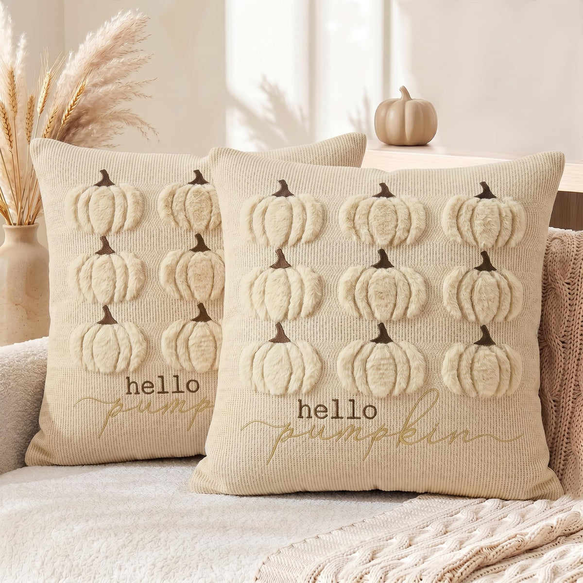 AVOIN colorlife Beige Hello Pumpkin Fall Embroidery Throw Pillow Covers, 18 x 18 Inch Autumn Harvest Thanksgiving Soft Plush Faux Fur Jacquard Cushion Case Decoration for Sofa Couch Set of 2
