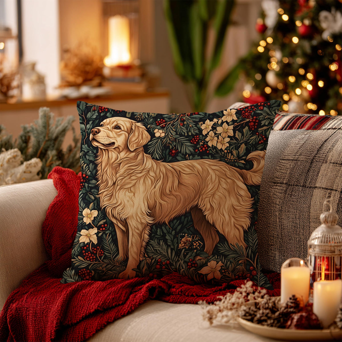 BUJSP Vintage Golden Retriever Christmas Decor Pillow Cover 18x18,Rustic Christmas William Morris Inspired Dog Floral Animal Print Botanical Decorative Throw Pillow Covers for Home Bedroom Living Room