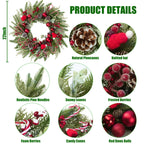 22’’ Artificial Christmas Wreath for Front Door with Red Balls Candy Canes Pine Needles Red Berries Pine Cones Christmas Decorations for Winter Wall Outdoor Home Holiday Xmas Decor