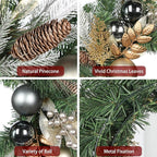 20 inch Christmas Door Wreath, Norfolk Pine Wreaths for Front Door with Silver Ball Glittered Leaf Spray Stems Pinecones Berries for Fireplace Xmas Decorations, Wall Window Indoor Outdoor Decor