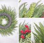 26'' Xmas Wreath with Lights,Large Norfolk Pine Wreaths with Red Berry and 50 LEDs, Battery Operated Christmas Reef with Timer for Door Window Winter Porch Decor