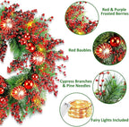 YULETIME 24" Mixed Berries Christmas Wreath - Artificial Holiday Wreath with Red & Purple Frosted Berries, Green Cypress Branches & Pine Needles