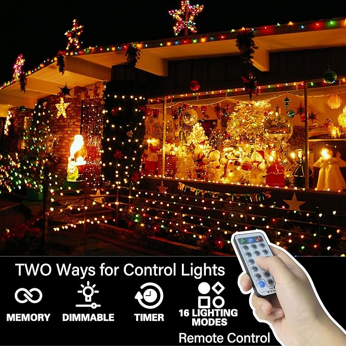 LAMPHOME 33ft Christmas Decorative Mini Lights, 100 LED Transparent Wire Fairy Starry String Lights Plug in, 12 Lighting Modes, for Indoor Outdoor Xmas Tree Wedding Party Decoration (Warm+Multicolor)