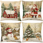Ni-JASW Rustic Farmhouse Christmas Throw Pillow Covers 18x18 inch Set of 4, Snowy Church Santa Snowman Cushion Cases for Couch Sofa Bed Holiday Decor