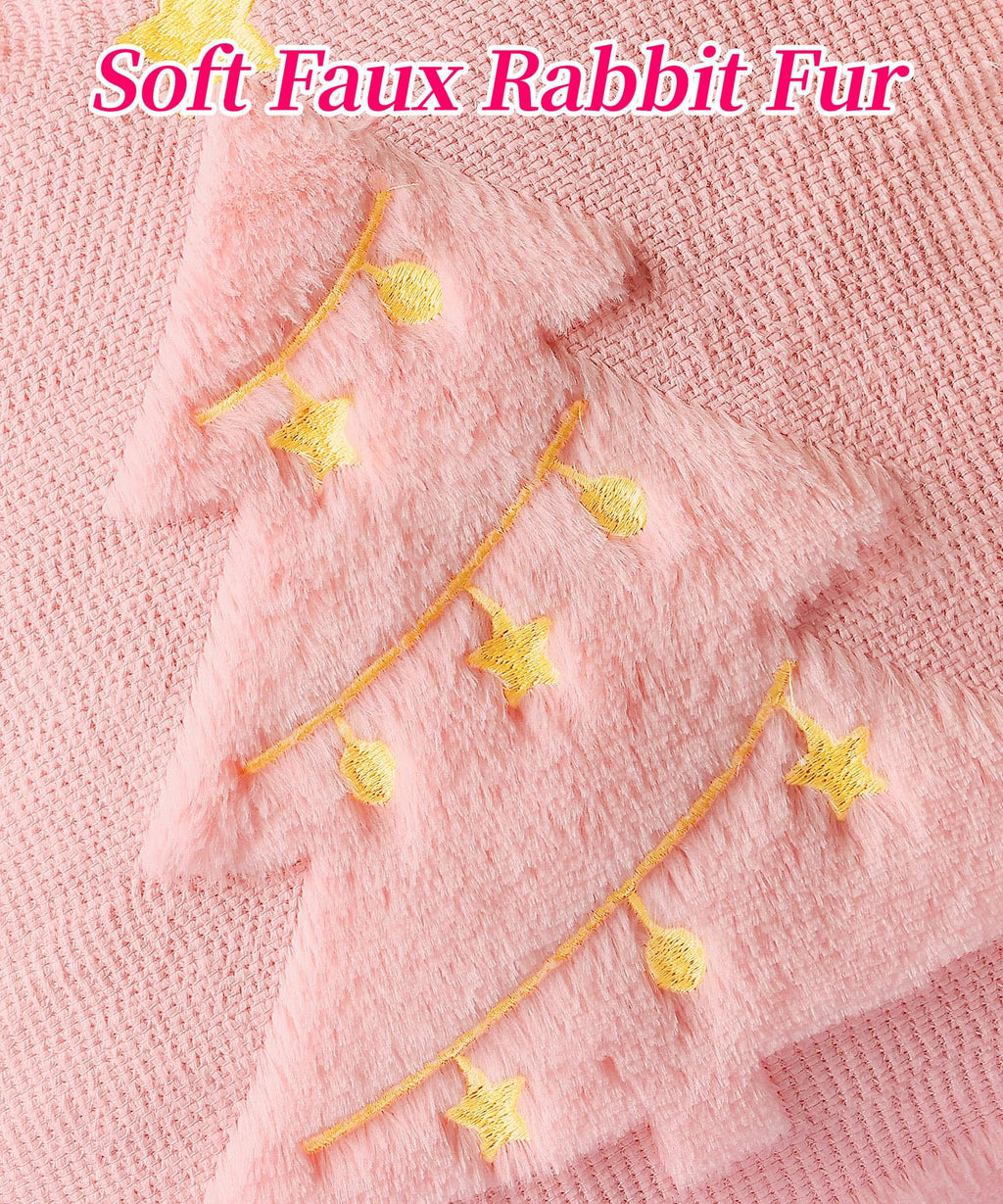 SEGXCFL Christmas Pillow Covers Set of 2 Soft Plush Faux Fur Pillow Cases 3D Embroidered Decorative Couch Cover Home Decor Christmas Throw Pillow Covers 18x18,Pink Christmas Tree