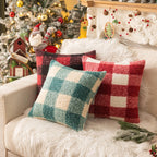 AQOTHES Red White Plaid Christmas Throw Pillow Covers 18x18 Inch Set of 2, Boucle Decorative Pillow Covers,Cozy Fluffy Home Living Room Farmhouse Decor for Sofa Couch Bed