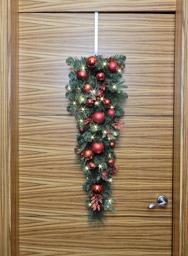3.5 Feet Pre-lit Christmas Ornament Artificial Pine Teardrop w 23 Red Balls Real Grapevine Base (30 LED Lights, 8 Flash Options) for Xmas Decor at Shop Home Table Cabinet Door Wall Window (Battery)