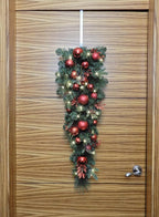 3.5 Feet Pre-lit Christmas Ornament Artificial Pine Teardrop w 23 Red Balls Real Grapevine Base (30 LED Lights, 8 Flash Options) for Xmas Decor at Shop Home Table Cabinet Door Wall Window (Battery)