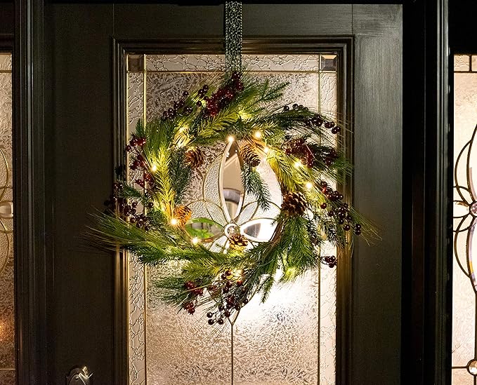 Red Co. 22” Light-Up Christmas Wreath with Pinecones & Evergreens, Battery-Operated LED Lights with Timer