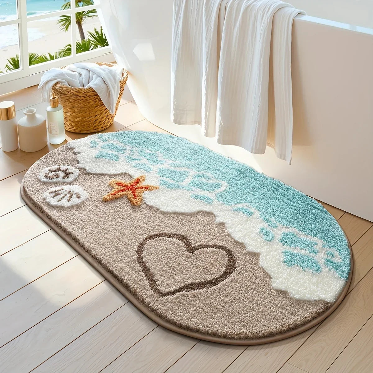 VIKAMA Summer Wave Beach Carpet Bathroom Absorbent Mat Bathtub Foot Mat Easy To Clean Waterproof Carpet Bathroom Mat Decoration