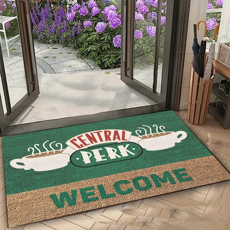Carpet Central Perk Logo Mat Coffee Cup Printing Rug Friends TV Theme Door Mat Welcome Text Home Decoration Indoor Outdoor Use